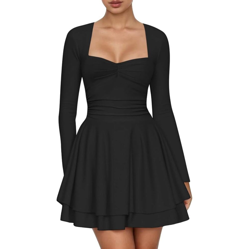 Black Long Sleeve Square Neck Balletcore Whimsigoth Tiered Ruffle Ruched Dress‎